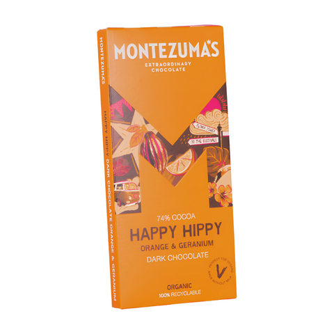 Montezuma's Happy Hippy Dark Chocolate with Orange & Geranium (12x90g)