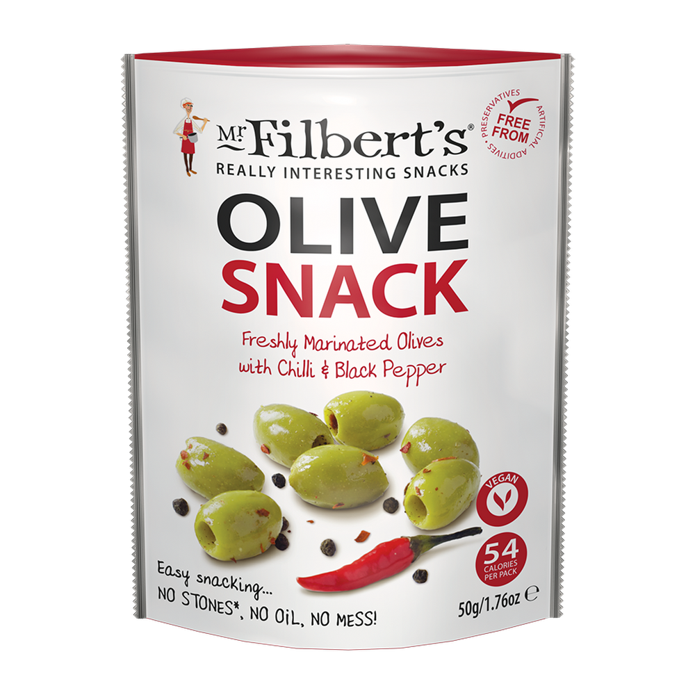 Mr Filbert's Green Olives with Chilli & Black Pepper (12x50g)
